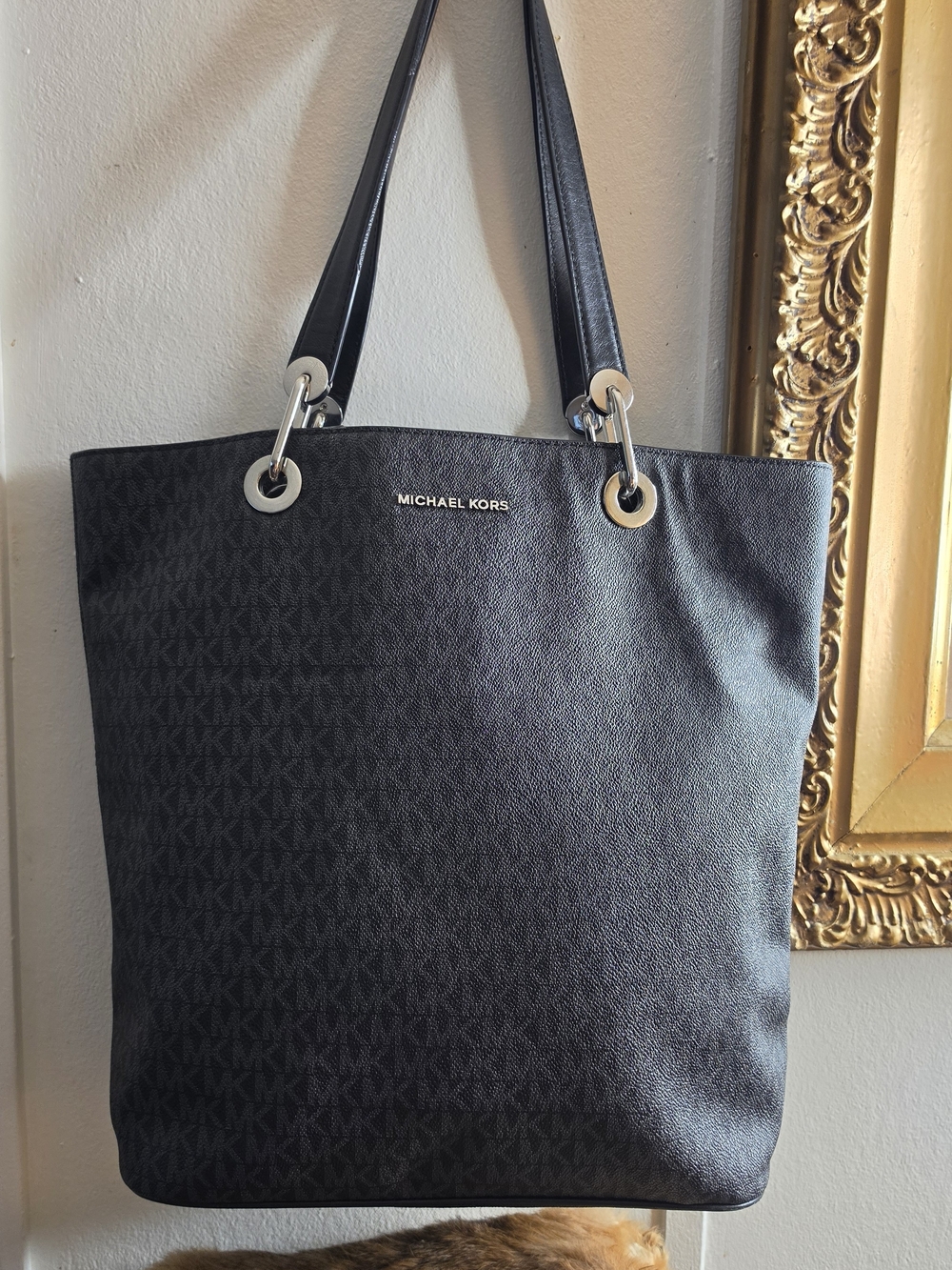 Michael Kors Black MK Signature Tote with Silver-Tone Rings